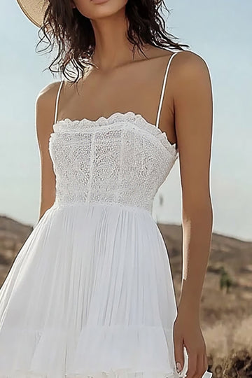 A Line Ivory Spaghetti Straps Tiered Engagement Dress
